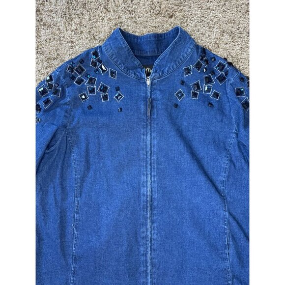 BOB MACKIE Blue Denim Full Zip Jacket Top Beaded Rhinestone Artsy Pockets LARGE - Picture 7 of 11